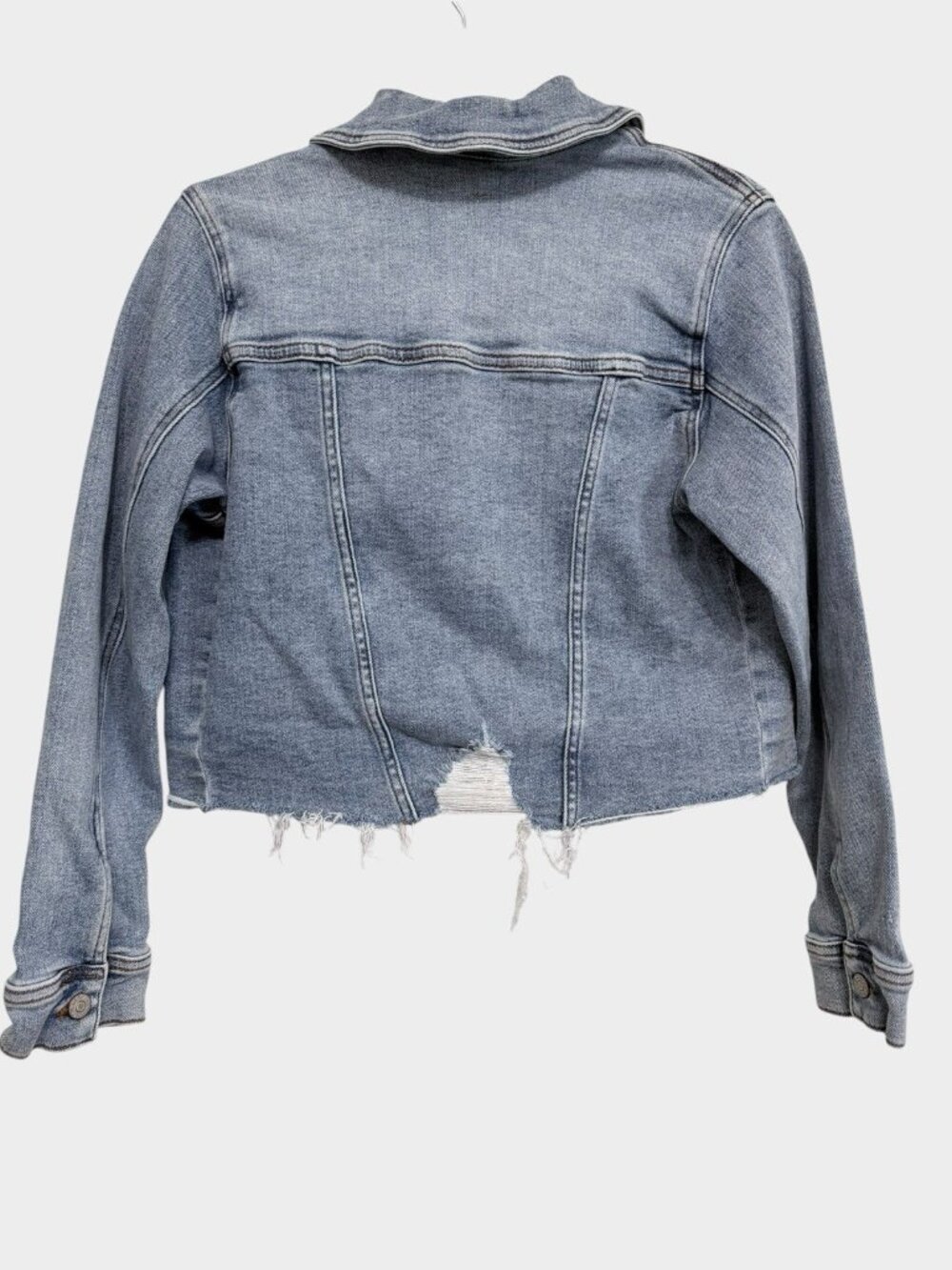 Judy Blue JB7820 MD HOWDY Cropped Distressed Raw Hem Denim Jacket Size Small - Picture 2 of 10